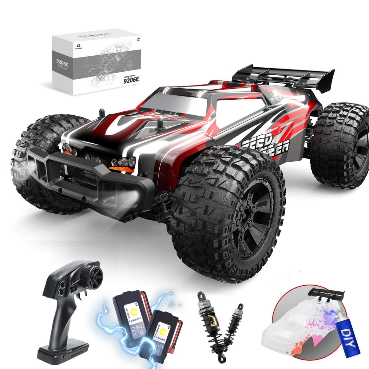 NT85369 DEERC 9206E 1-10 Scale High Speed Remote Control Car, 48 Plus KMH - All Terrain 4WD Off Road Monster Truck with 2 Batteries