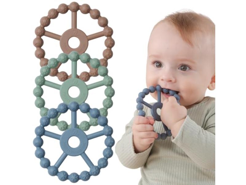 NT85377 Silicone Teething Ring Toys for Babies, Easy to Grasp, Infant Teething Relief, Brown & Green - Blue - Pack of 3