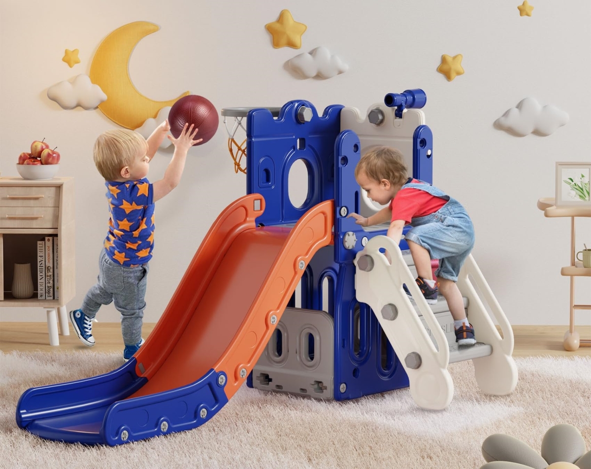 NT85521 BIERUM 7-in-1 Toddler Slide with Basketball Hoop & Storage, L-Shaped Kids Slide for Age 1 Plus - Blue & Orange