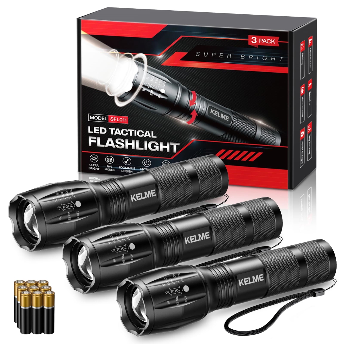 KELME High Lumens Tactical Flashlights with 5 Modes, Zoomable LED, Waterproof for Home, Emergencies, Camping, Hiking - Pack of 3