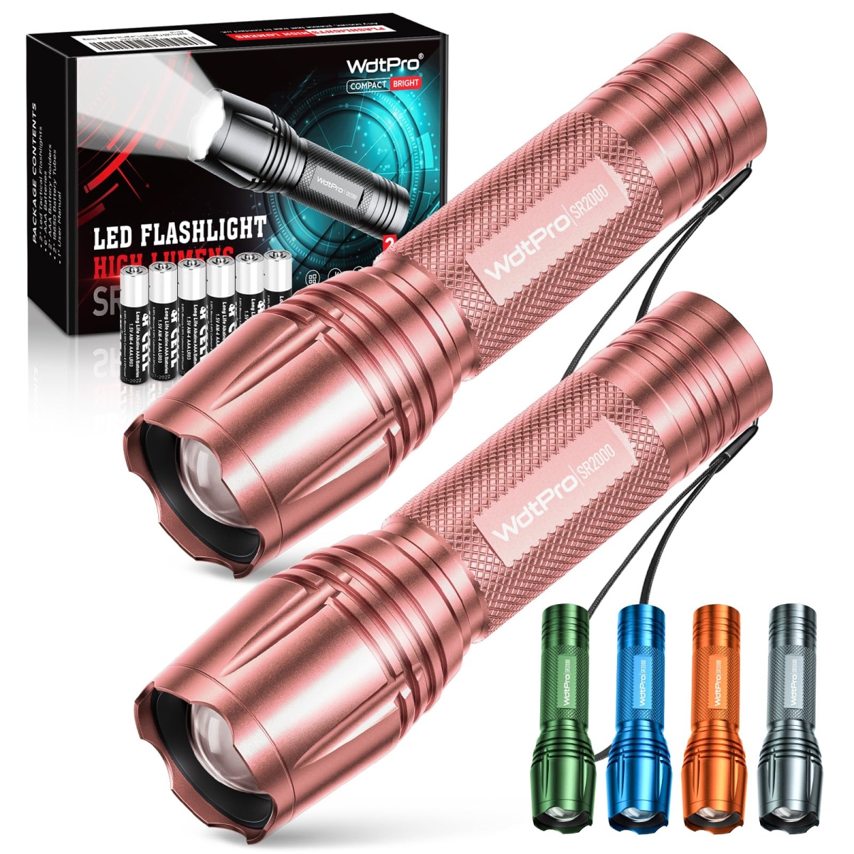 NT85693 WdtPro LED Flashlights SR2000 Pro, High Lumens, Zoomable, Mini, Pink - Pack of 2