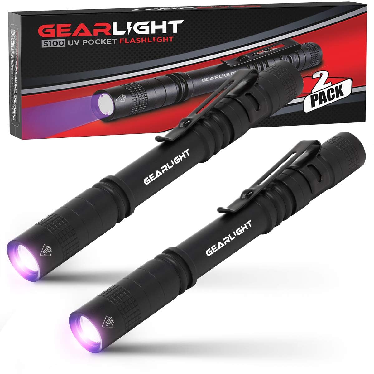 NT85775 GearLight UV Black Light Flashlights S100 - Mini Blacklight Ultraviolet Pen Lights for Inspection & Detection - Pack of 2