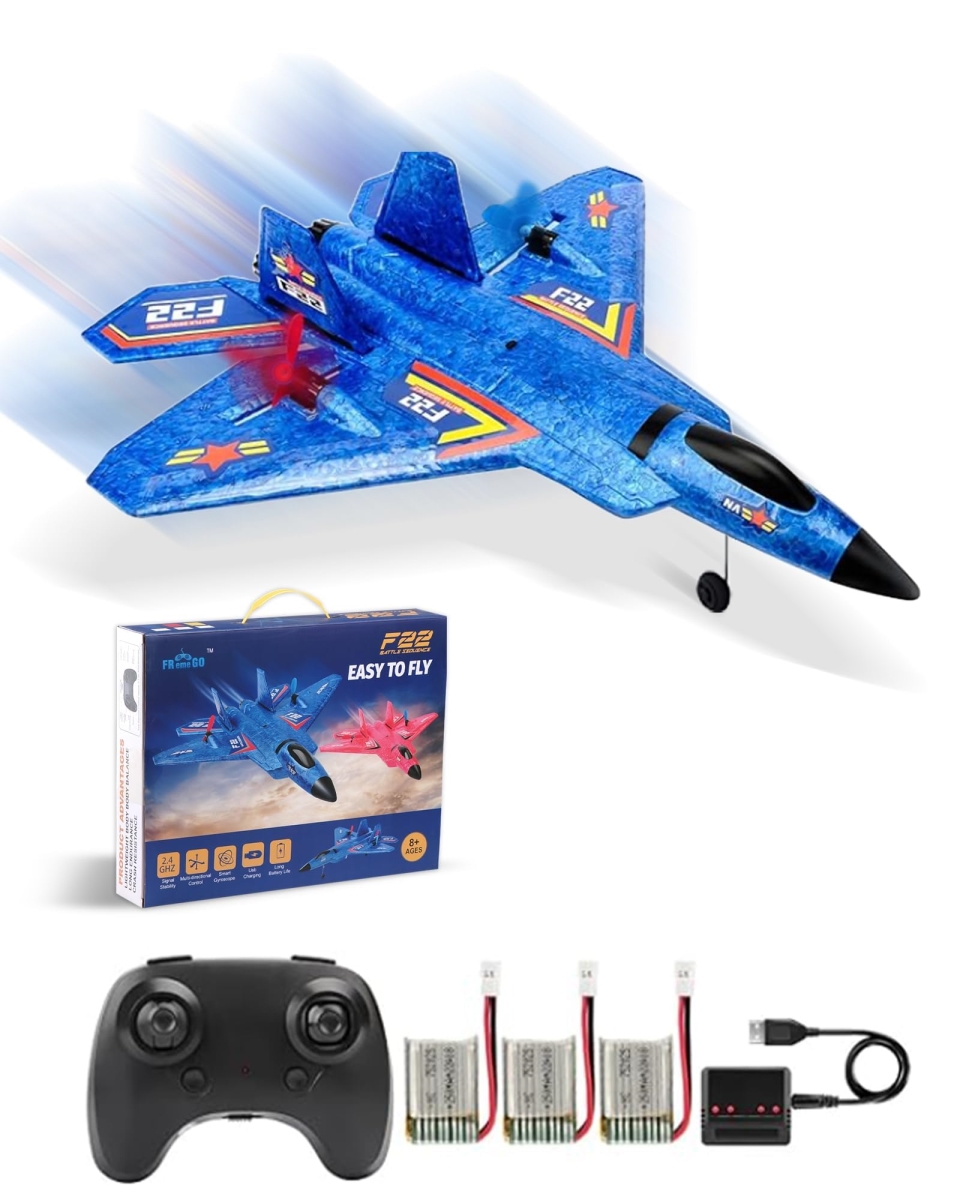 NT86039 Remote Control Plane F-22 Raptor, 2.4 Ghz Rc Airplane with Smart Gyro, LED Lights, 3 Rechargeable Batteries - Blue