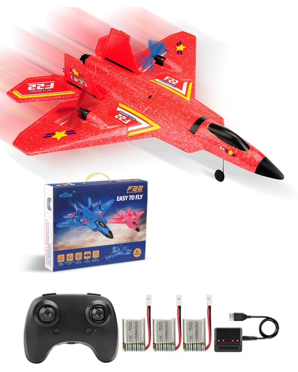 NT86040 Remote Control Plane F-22 Raptor, 2.4 Ghz Rc Airplane with Smart Gyro, LED Lights, 3 Rechargeable Batteries - Red
