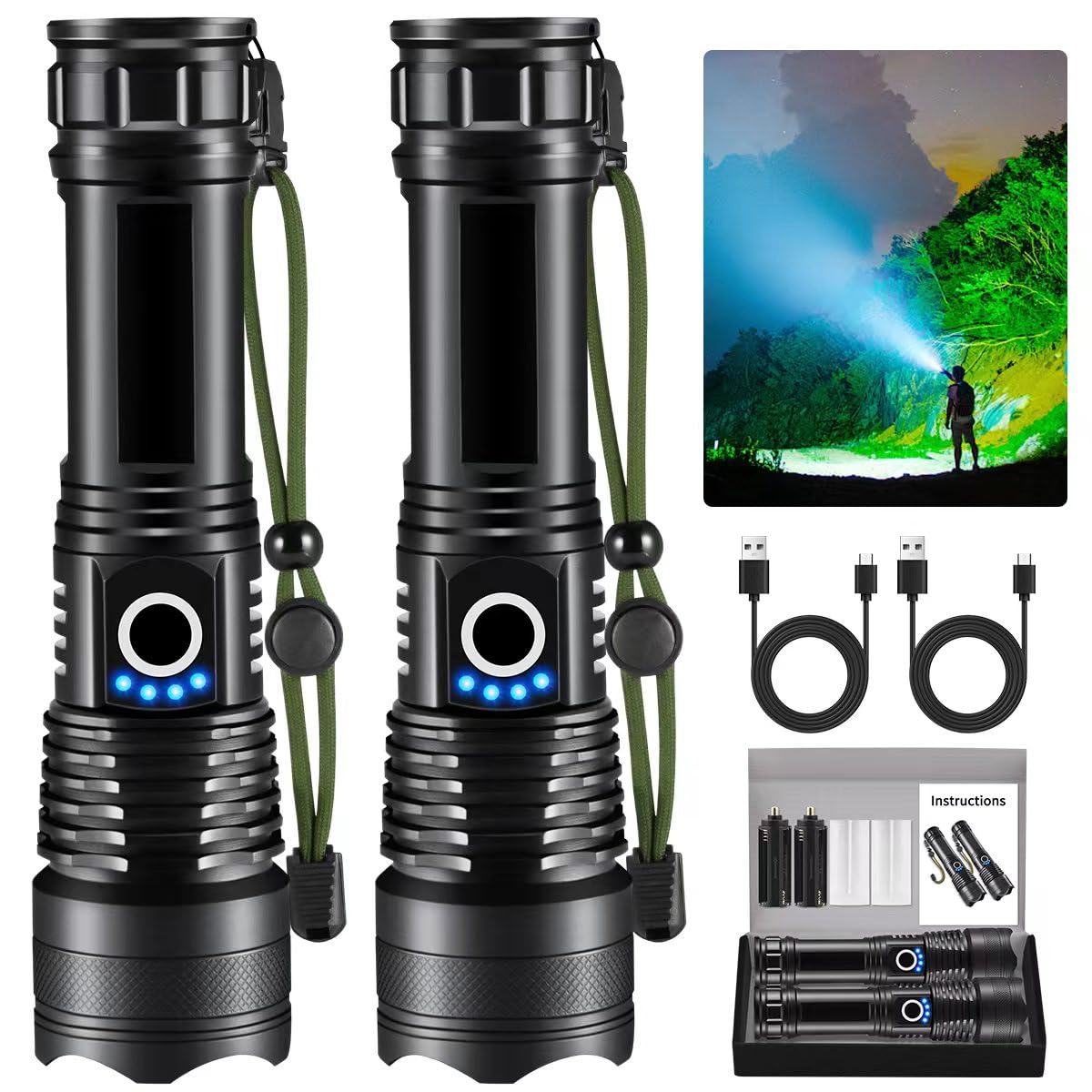 NT86200 High Lumens Rechargeable Flashlights, Super Bright, 5-Mode Tactical, Waterproof LED - Pack of 2