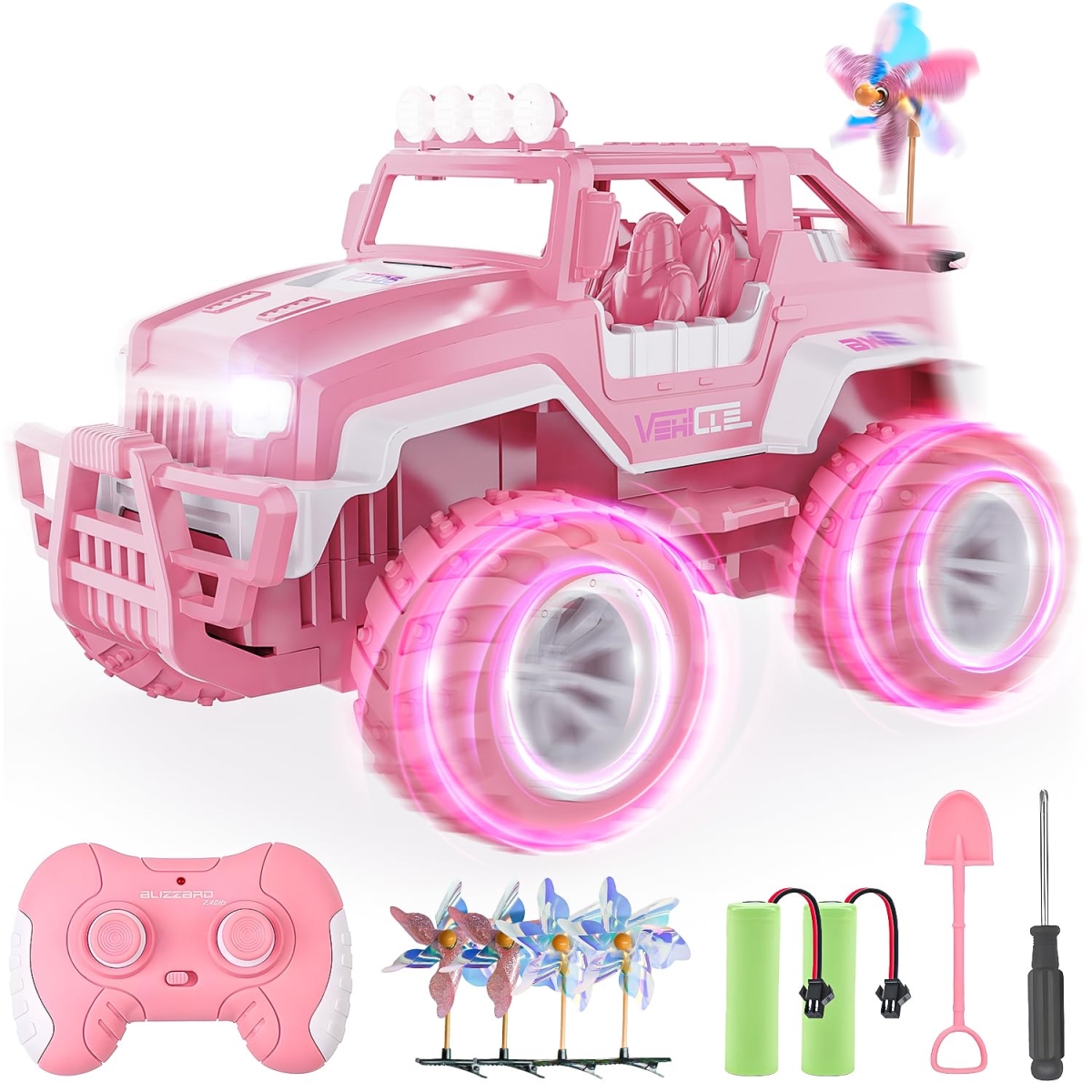 BEZGAR Remote Control Car for Girls - 1-16 Scale Pink Remote Control Car with LED Lights, Rechargeable Battery, Monster Truck Jeep Toys