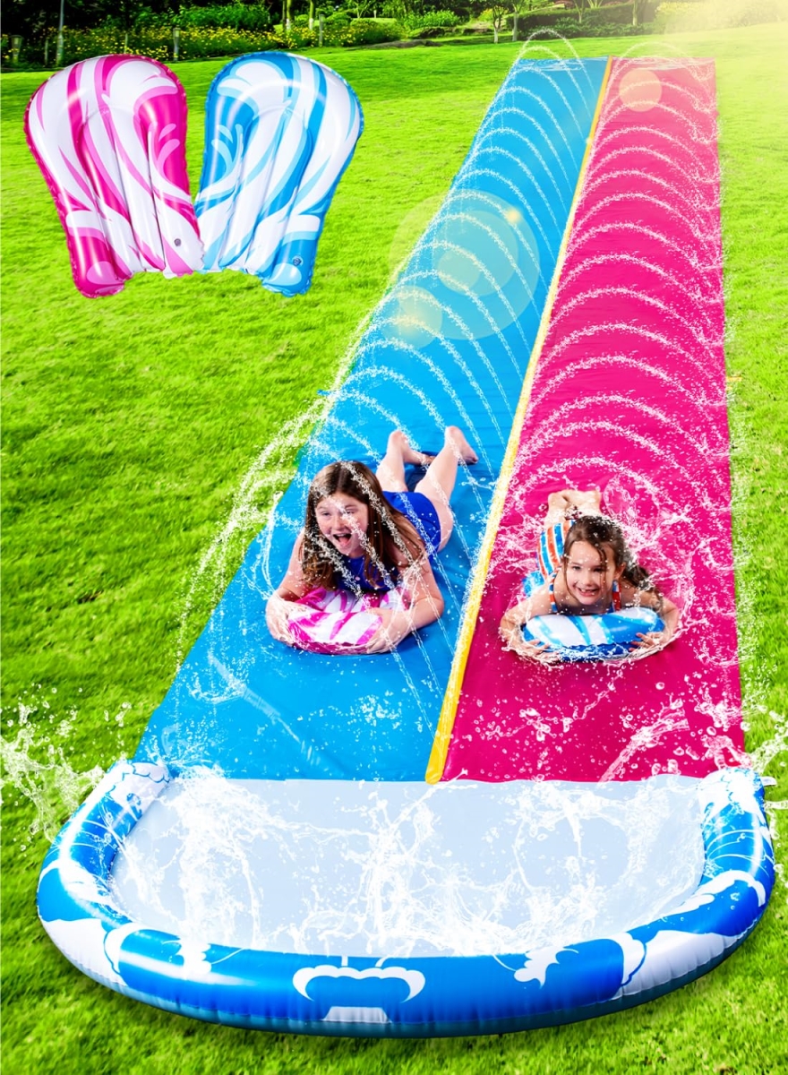 NT86503 22.5 ft. JOYIN Water Slide with 2 Inflatable Boards, Heavy Duty Double Lawn Waterslide with Sprinkler for Kids & Adults - Blue & Pink