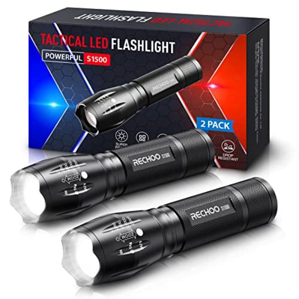 NT86662 RECHOO Tactical Flashlight Zoomable LED Flashlights with 5 Modes, Portable for Camping - Pack of 2