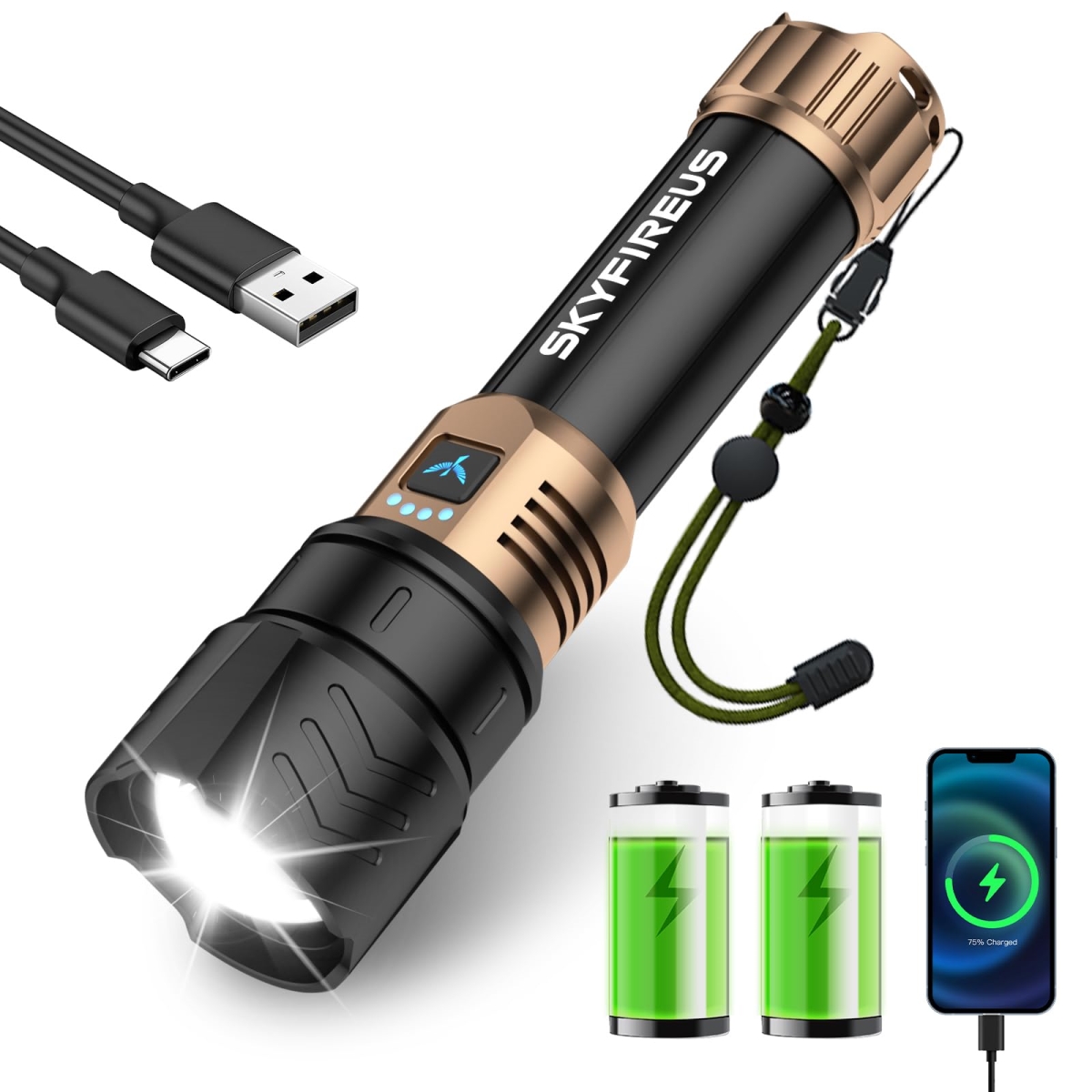 NT86815 SKYFIRE LED Flashlights, 10000 mAh Super Bright Rechargeable, 15000lm Zoomable, Four Modes, Waterproof