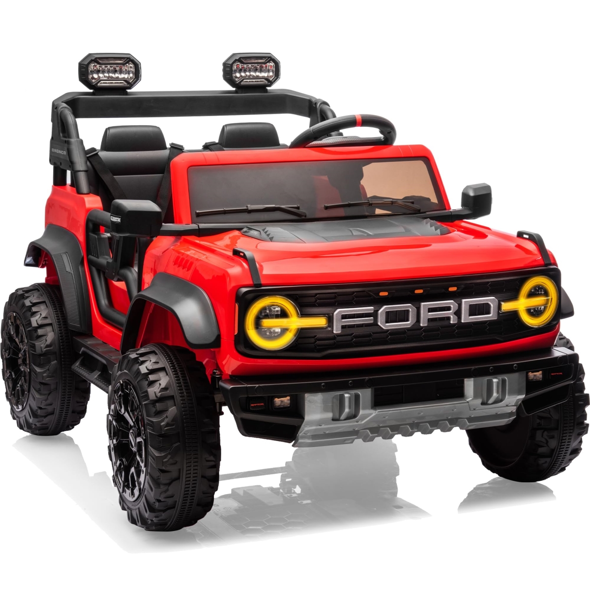 Ford Bronco 24V Kids Electric Car, 2 Seater Ride On Truck with Remote Control, 4 Wheels Suspension, LED Lights, Safety Belt - Red