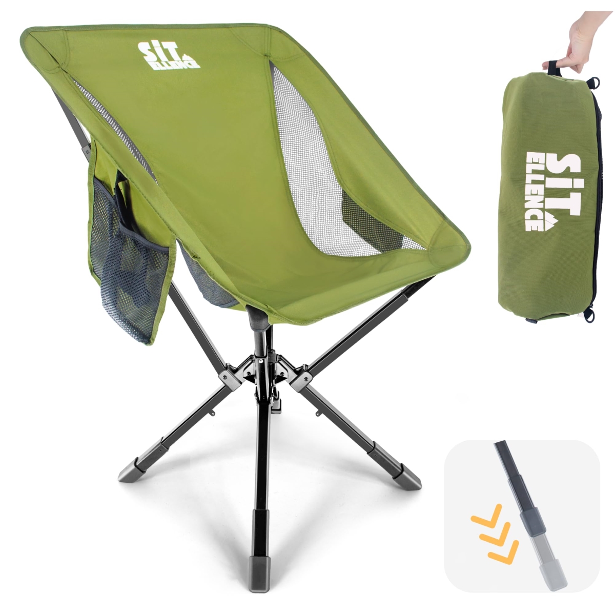 NT87020 ADJ-S2 Portable Camping Chair - Adjustable Height Folding Chair, Compact Collapsible Chair, Supports 330 lbs - Green