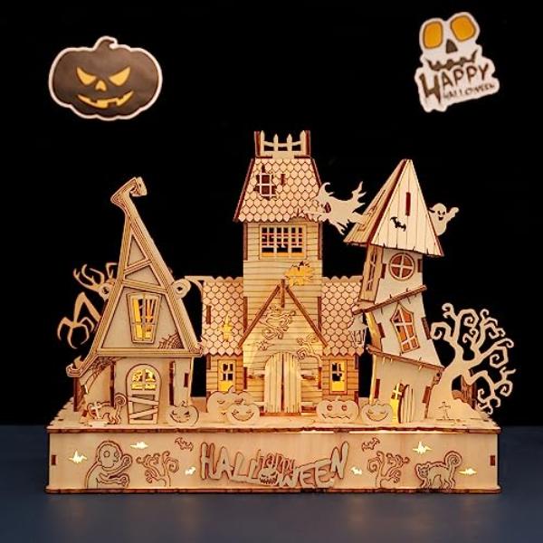 NT87393 3D Wooden Halloween Haunted House Puzzle, Glow in The Dark Model Building Kit for Adults & Kids