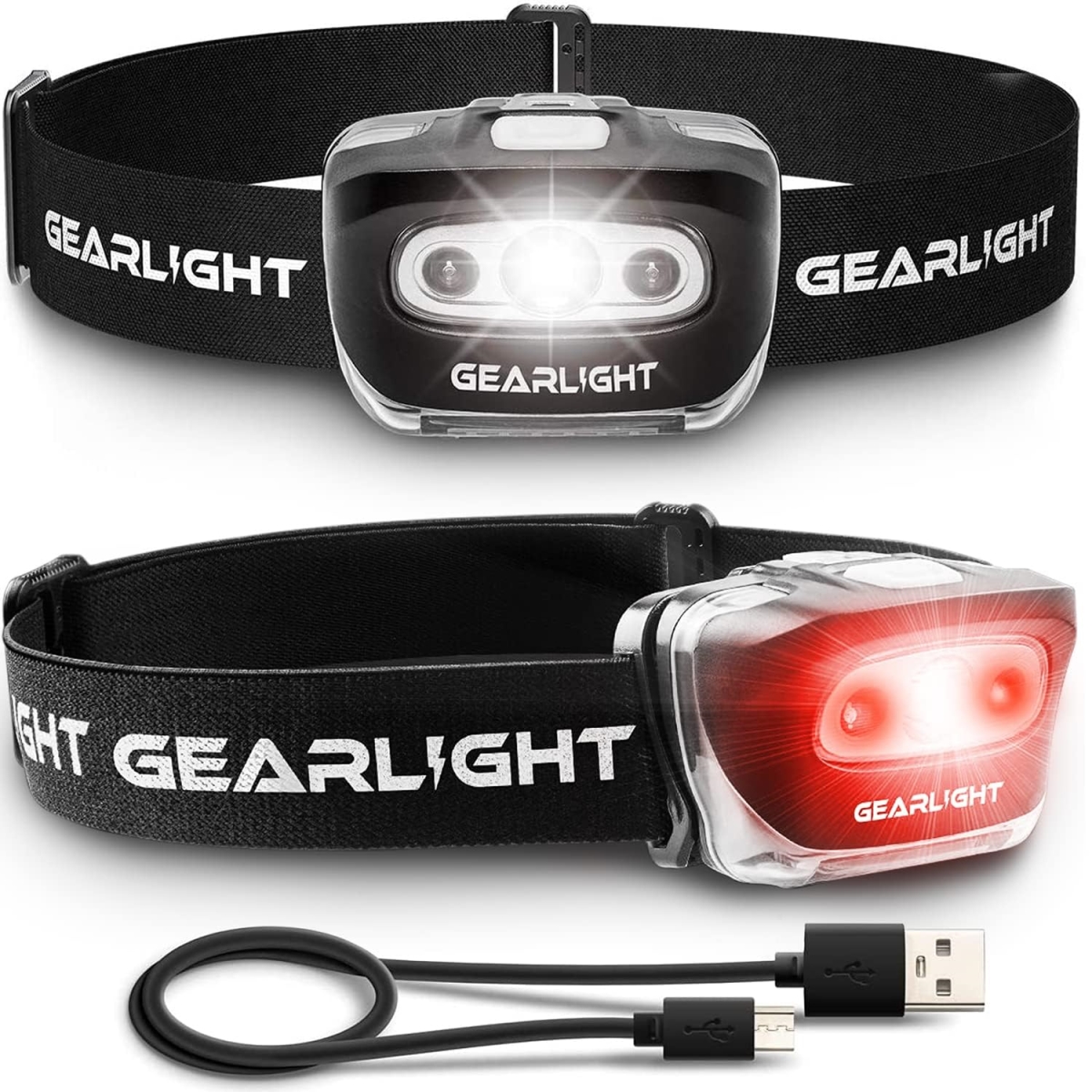 NT87414 GearLight USB Rechargeable Headlamp Flashlights - S500 LED Headlight for Running, Camping, Outdoor - Black - Pack of 2