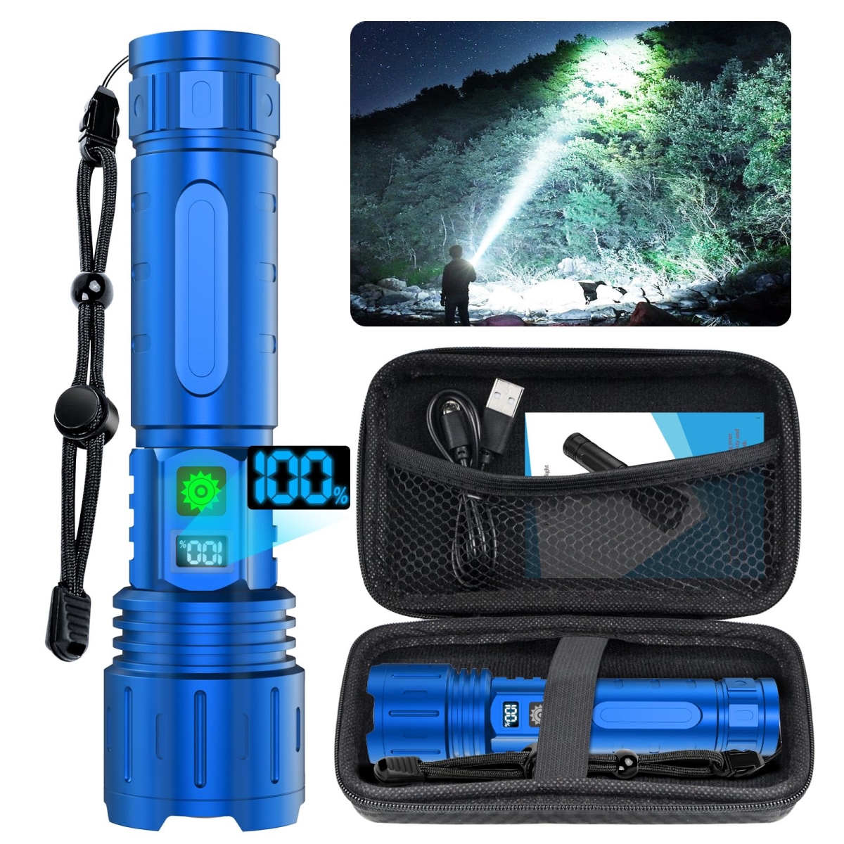 NT87467 Flashlights High Lumens Rechargeable LED Flash Light with Power Display & IPX5 Waterproof, 20H Runtime, 5 Modes - Blue