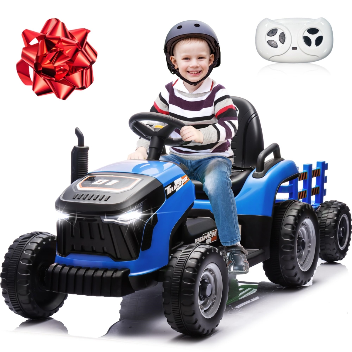 NT88049 24V Ride On Tractor for Kids with Detachable Trailer & Adjustable Seat, Blue