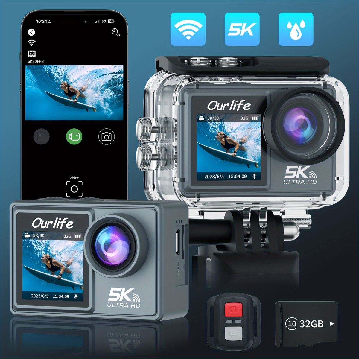 NT31296 5K Dual-Screen Action Camera with WiFi Control & Remote