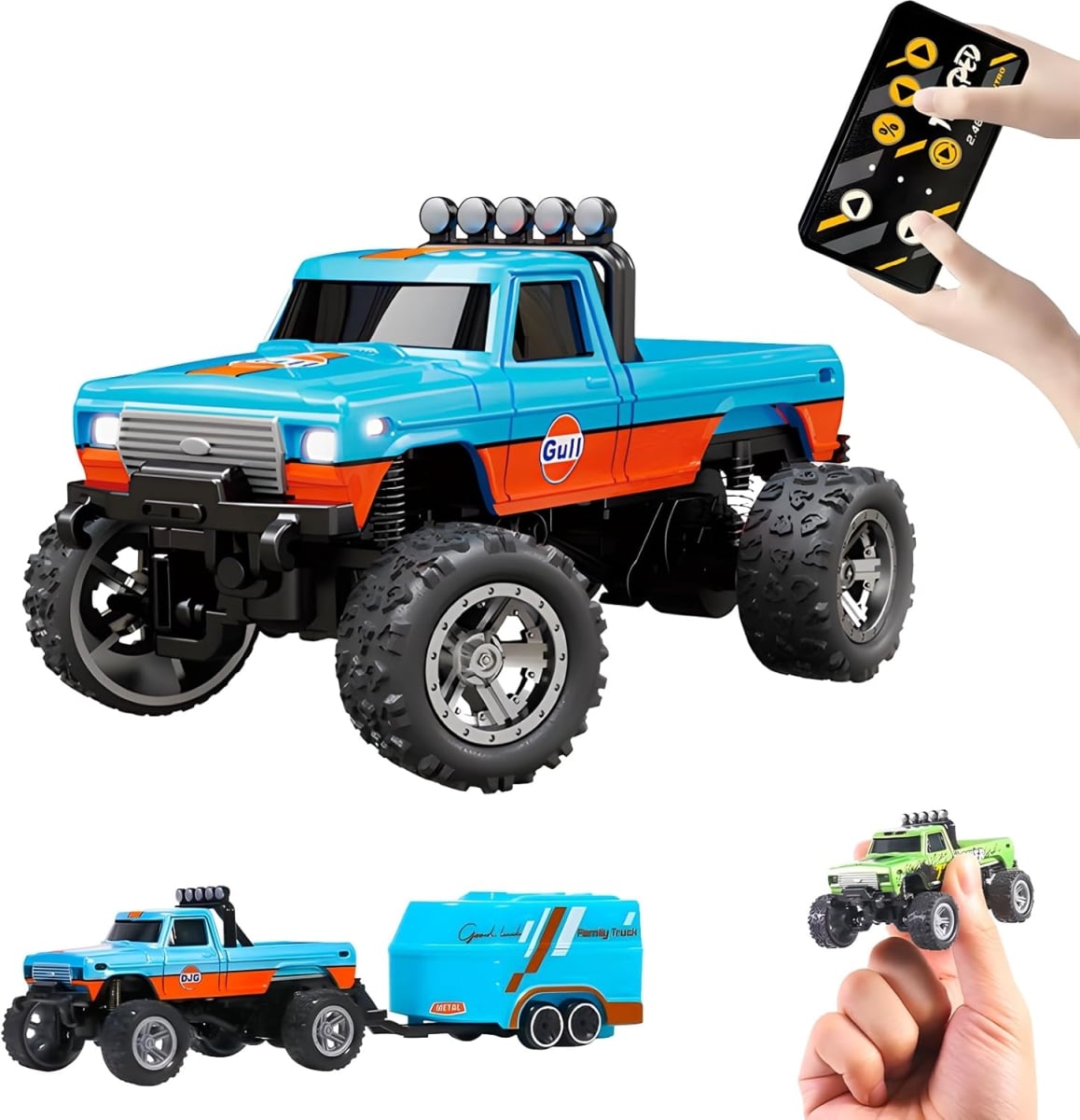 XS105584 Mini RC Monster Truck - 1-64 Scale Remote Control Car with Lights - Blue