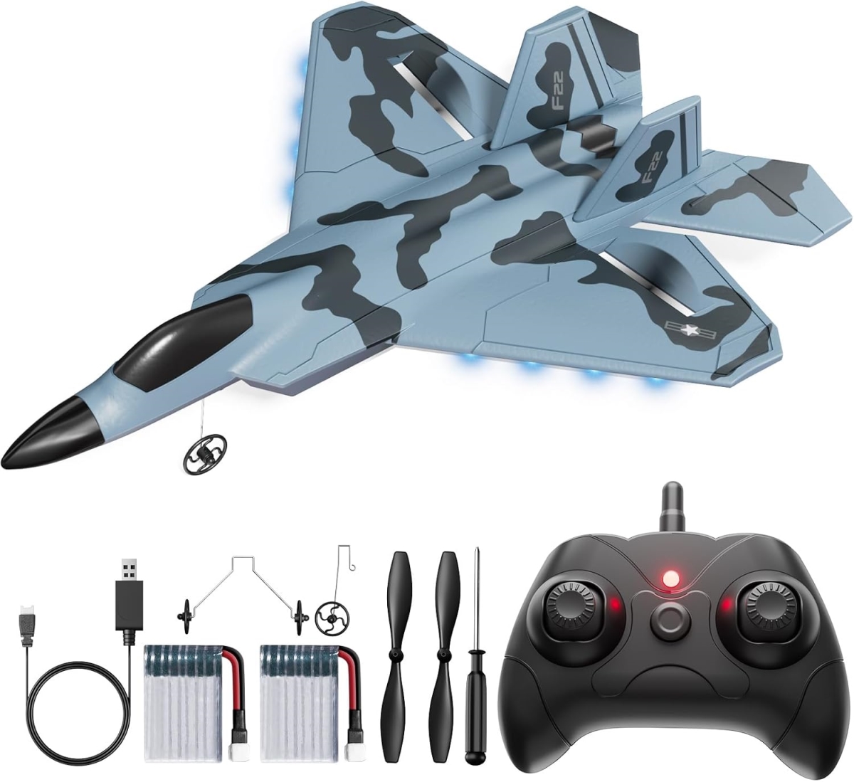 XS107000 F-22 Glider Fighter Jet - Ready to Fly Remote Control Airplane for Kids & Beginners with LED Lights