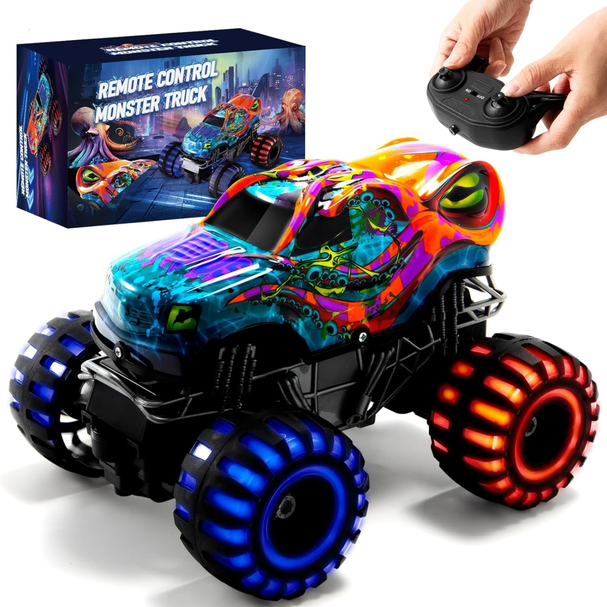 XS107009 Remote Control Monster Truck with LED Lights - 2.4 GHz All Terrain RC Truck for Kids