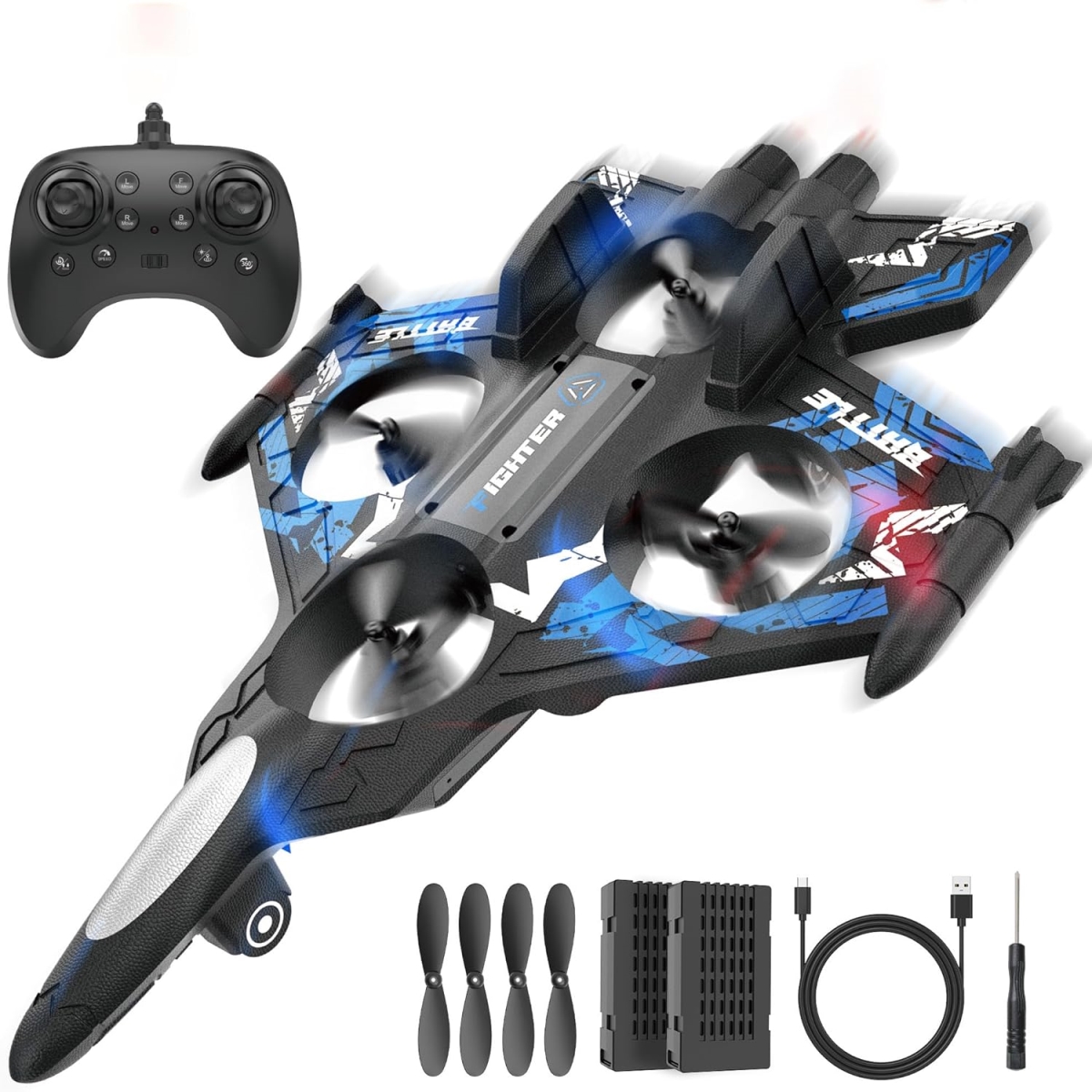 Bezgar Drones for Kids 2.4 GHz RC Plane Remote Control Airplane RC Helicopter 360 deg Flip Fighter Jet Toy Colorful LED Navigation - Lights Blue