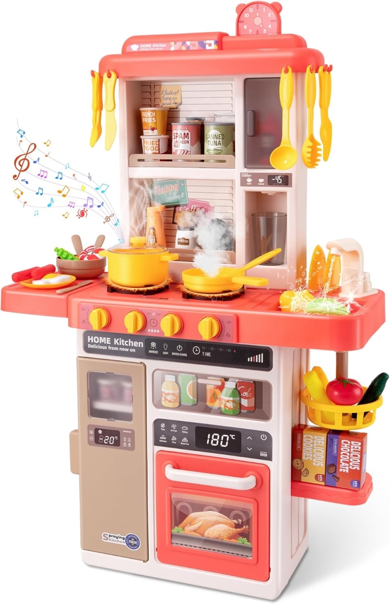 Kids Kitchen Playset - Interactive Pretend Kitchen Toys with Realistic Sound Effects - Suitable for Toddlers Aged 3-5 Years - Pink - 50 Piece