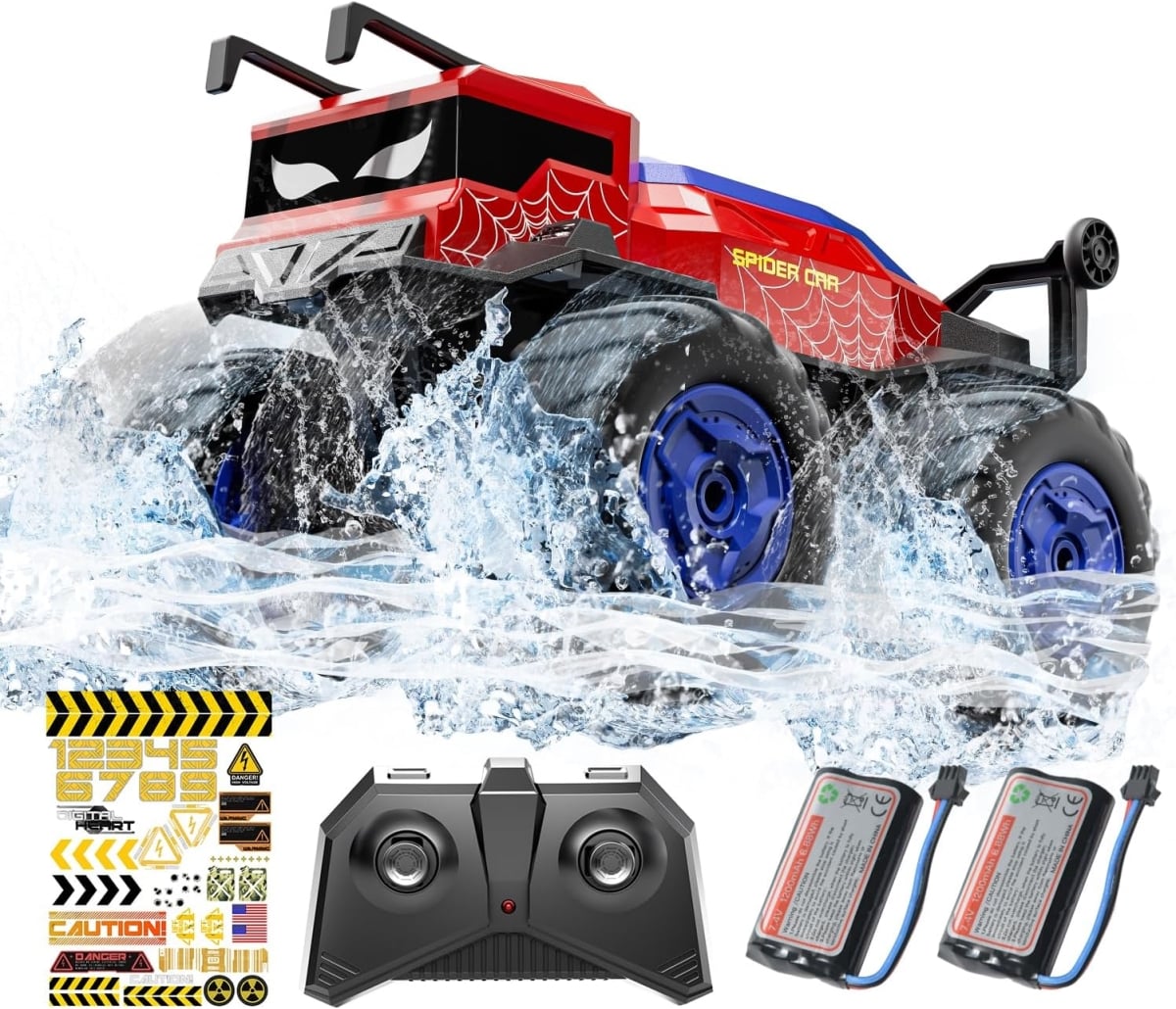 XS107229 Remote Control Monster Truck Waterproof RC Car - 1-14 Scale 4WD Amphibious Off-Road for Boys & Girls Ages 4 Plus - Red