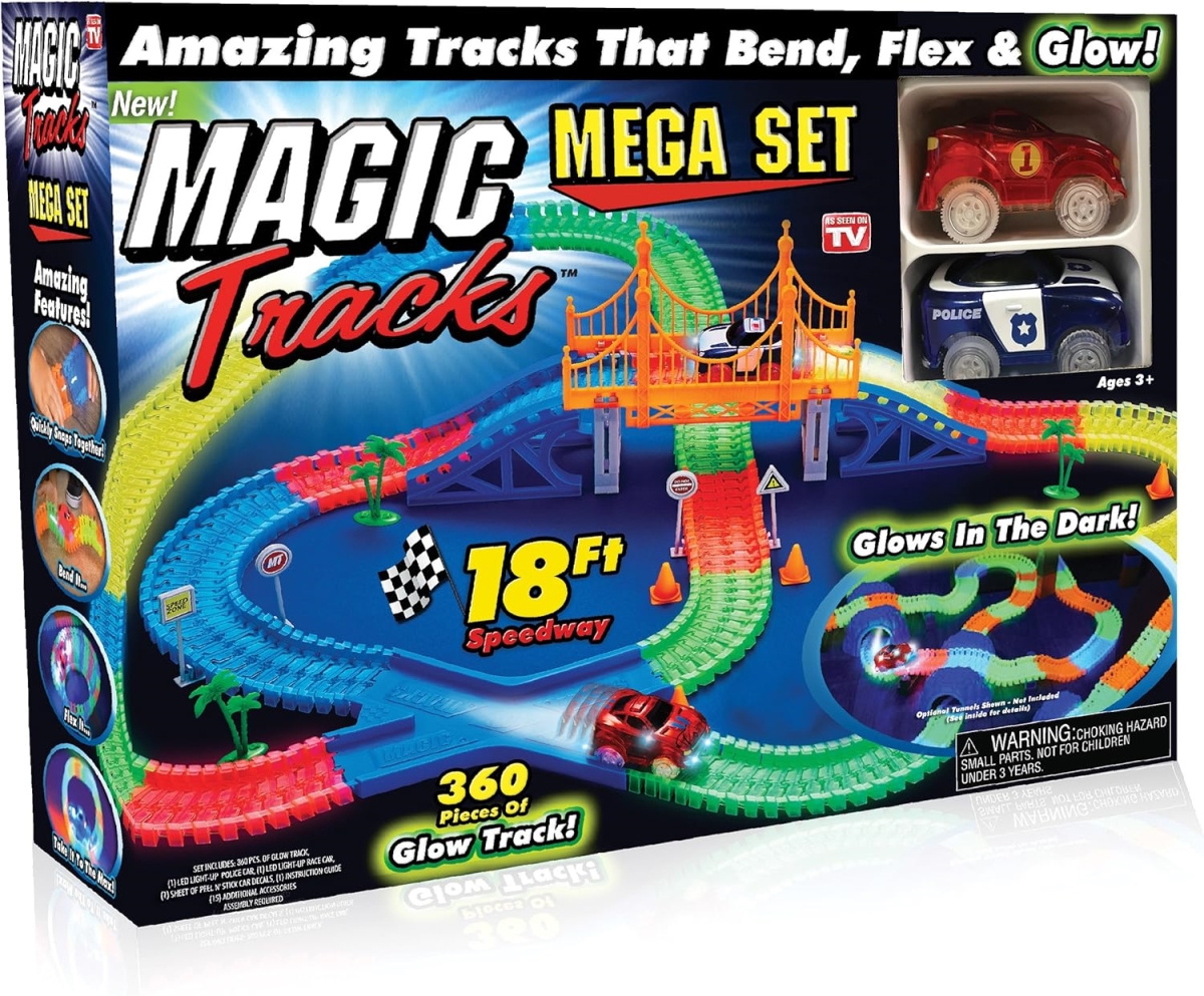 XS107101 Ontel Magic Tracks Mega Set with 2 LED Race Cars & 18 ft. Glow in the Dark Racetrack