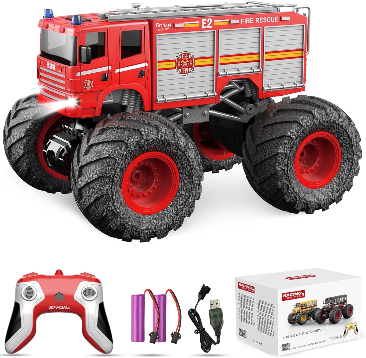 XS107006 Remote Control Fire Truck Monster Truck Toy - 2.4 GHz 1-18 Scale with LED Lights & Sounds - 2 Piece