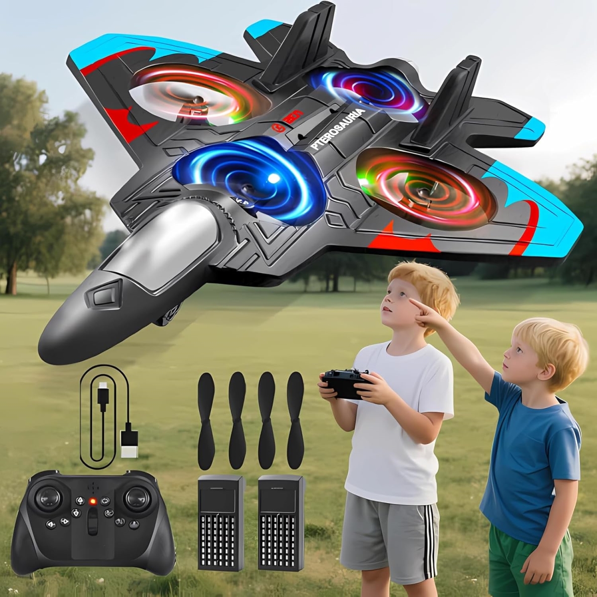 XS107039 V32 Foam Remote Control Airplane - 2.4 GHz 4CH RC Fighter Jet with LED - 360 deg Flip - Auto Hover - Easy to Fly - Gift for Kids