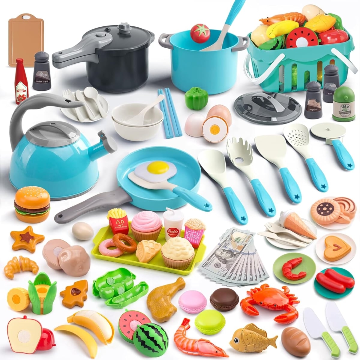 XS107042 Kitchen Playset for Toddlers - Pretend Cooking Cookware Set with Pots - Pans - Utensils - Food & Basket - 130 Piece