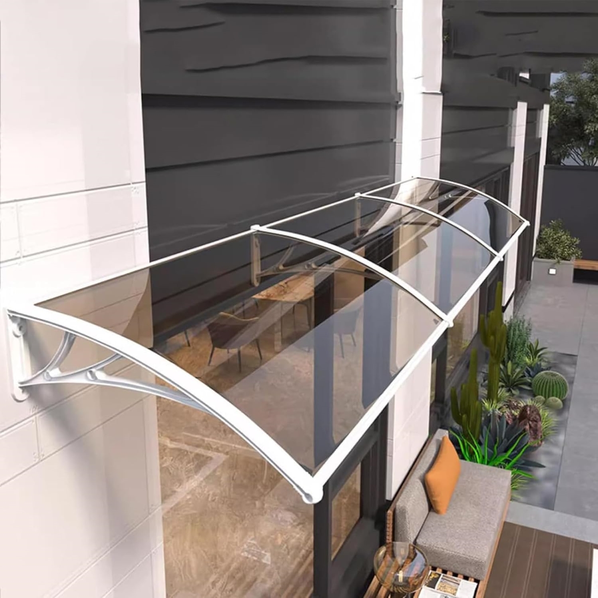 XS107018 24 x 177 in. Modern Polycarbonate Window Awning Door Canopy - UV & Rain Protection - Clear with White Edge
