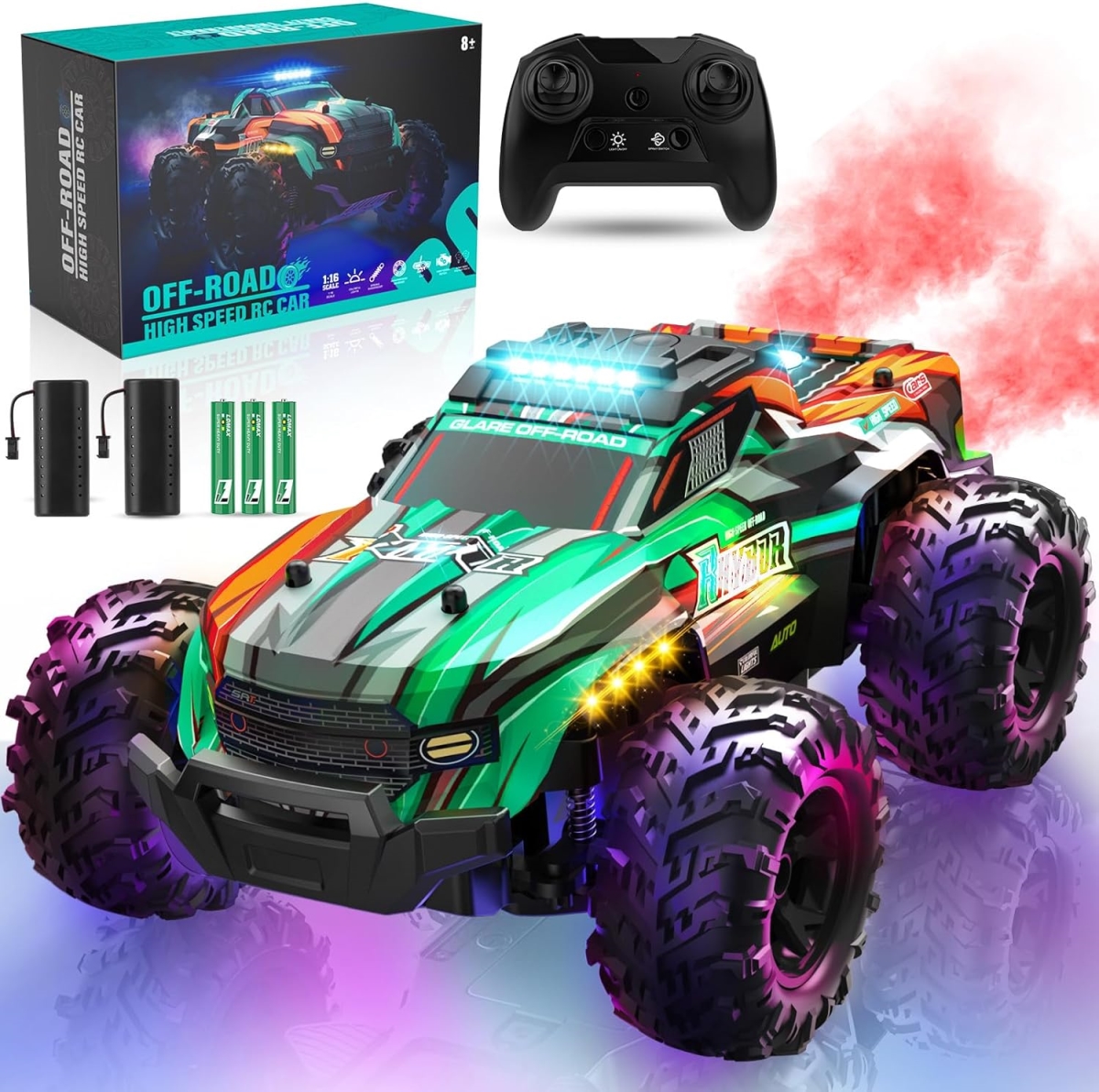 XS107102 BLUEJAY Remote Control Car 1-16 Scale All Terrain High Speed RC Truck with Colorful LED Lights