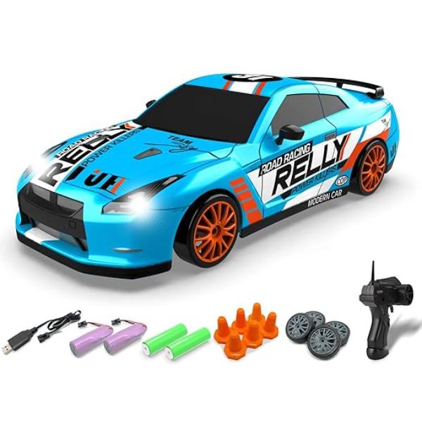 XS106634 Racent 1-24 Scale RC Drift Car - 4WD Remote Control with LED Lights & 2 Rechargeable Batteries - Blue