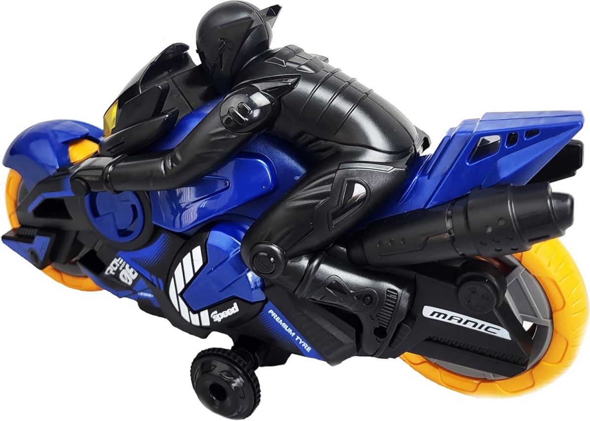 XS107147 Remote Control Motorcycle with 360 deg Spinning Action & LED Lights - 2.4 GHz High-Speed RC Motorbike for Kids - Blue