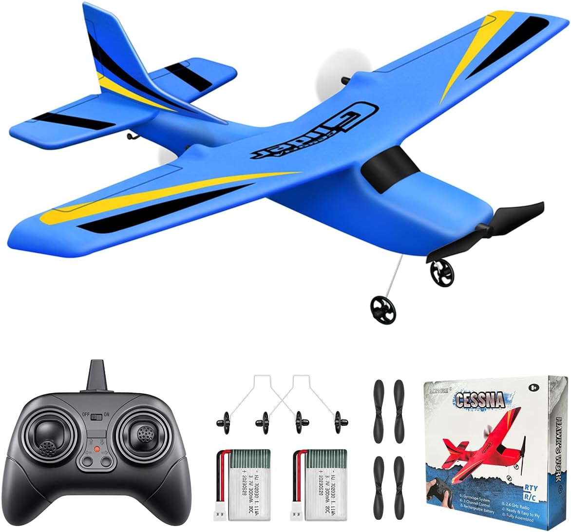 XS107257 Hawks Work 2 Channel RC Airplane Ready to Fly 2.4 GHz Remote Control Plane Easy to Fly Glider for Kids & Beginners - Blue