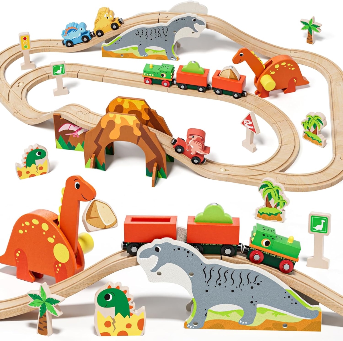 XS107261 Lehoo Castle Wooden Train Set - Dinosaur Wooden Train Track Set - Wood Toy Train Set for Toddlers 2-4 for Thomas - Brio - Melissa & Doug