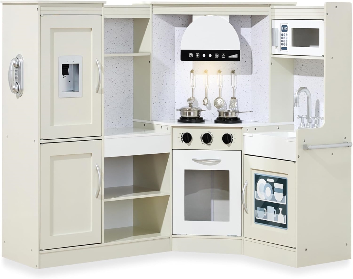 XS105399 Best Choice Products Pretend Play Corner Kitchen Ultimate Interactive Wooden Kids Playset with Lights & Sounds Ice Maker Hood - Cream