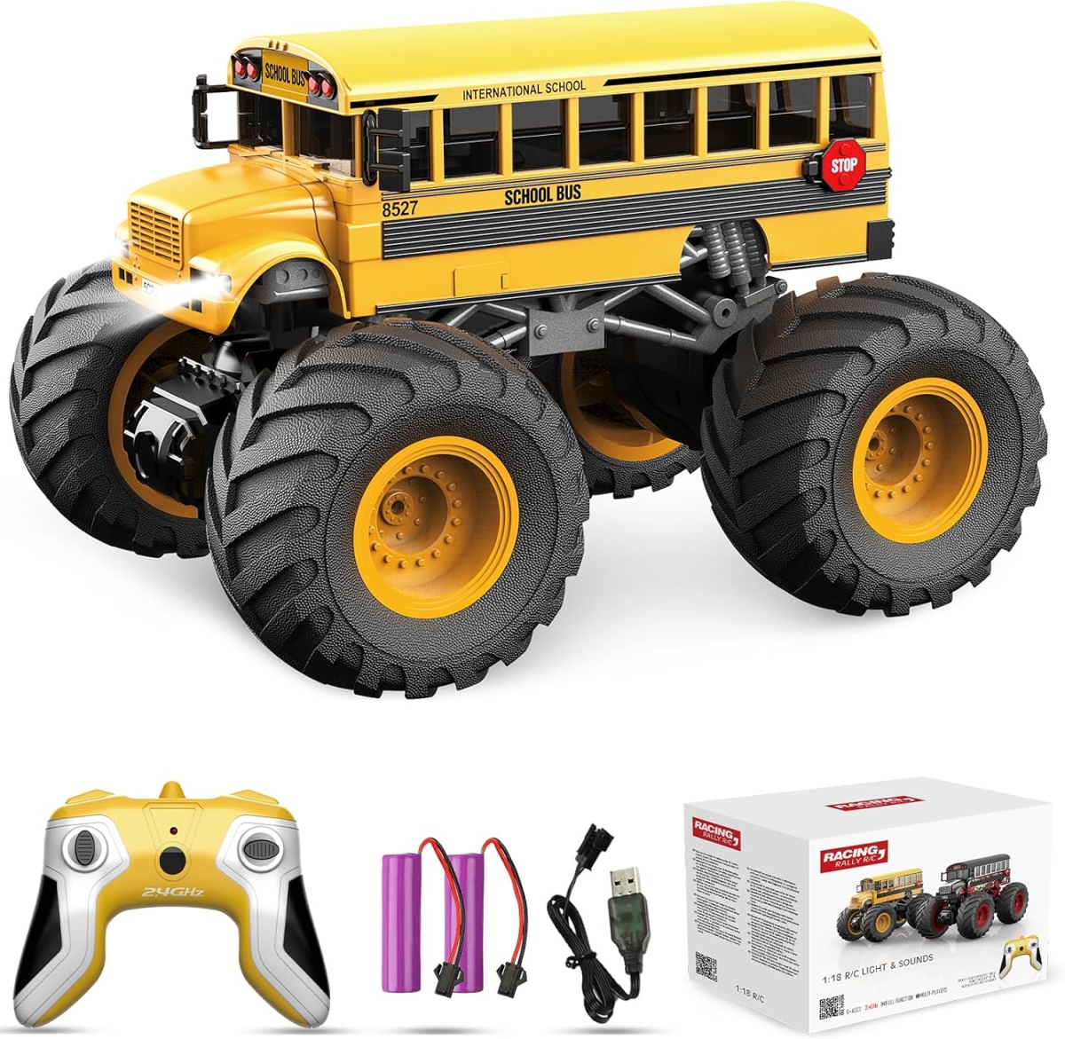 XS107007 Remote Control Car Set - 2.4 GHz RC School Bus & Monster Truck 1-18 Scale with LED Lights & Sounds - Batteries Included - 2 Piece