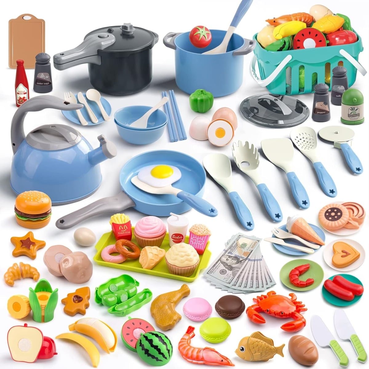 XS107040 Kitchen Playset - Toddler Pretend Cooking Set with Pots - Pans - Utensils & Food - 130 Piece
