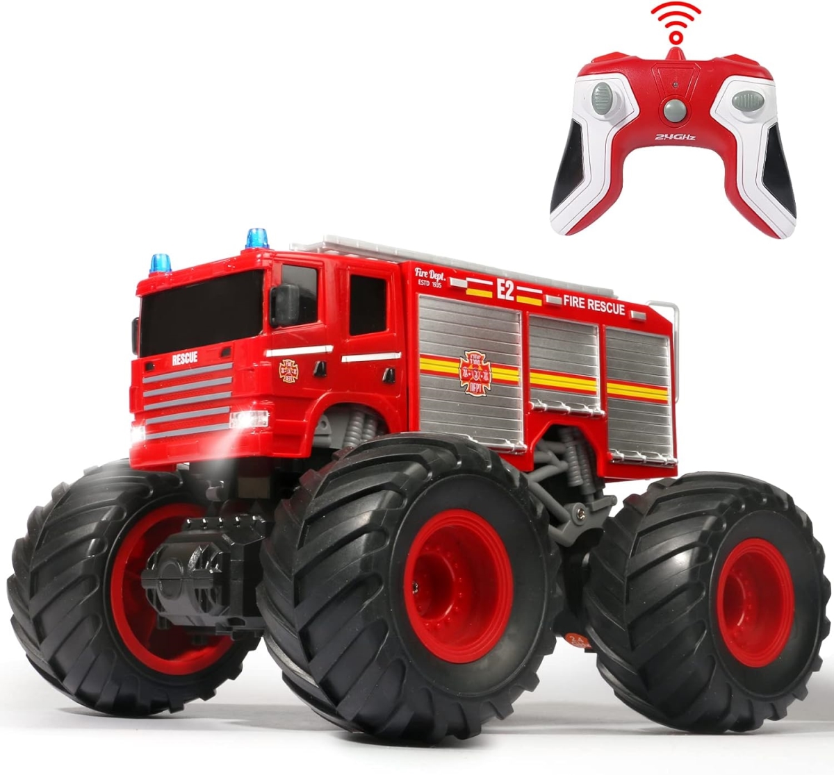XS107107 1-18 Scale Remote Control Fire Truck Monster Truck Toy - 2.4 GHz Offroad RC Racing Car with LED - High Speed Gift for Kids