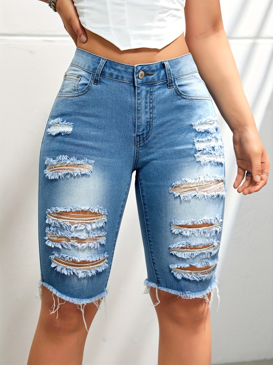 Picture of Netjett NT32566 Ripped Light Wash Blue Raw Hem Bermuda Denim Shorts for Womens