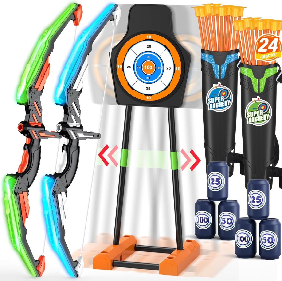 XS107193 Kids Bow & Arrow Set - LED Target Archery Game with 24 Suction Arrows & 6 Score Targets - Ages 4-12 - Pack of 2