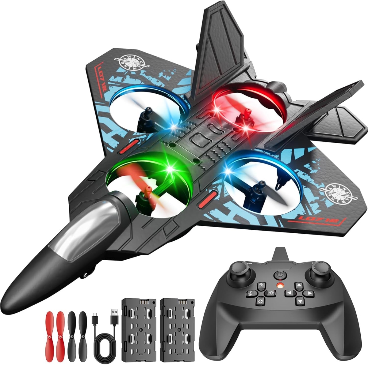 XS107223 RC Airplane Drone - 6-Axis Foam Flying Plane with 360 deg Flips, LED Lights & Stable Hovering - Ages 8 Plus