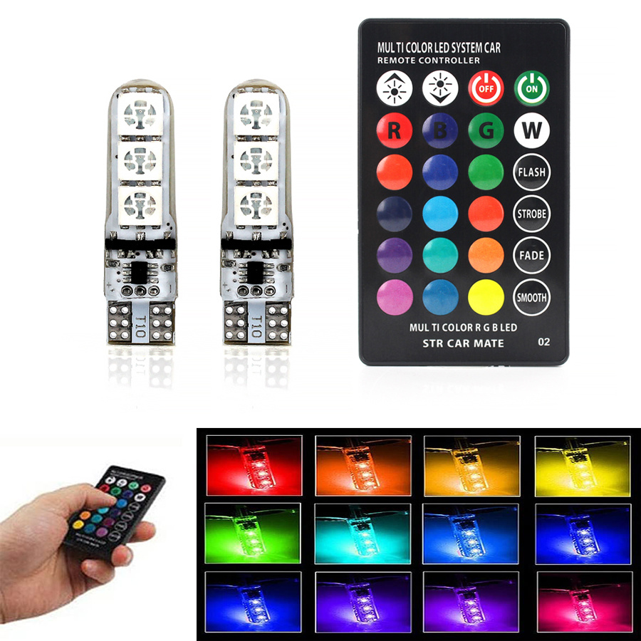 NT32868 W5W 194 5050 T10 LED RGB Lights Car Interior Wedge Side Signal Clearance Remote Control Bulbs, Multi Color