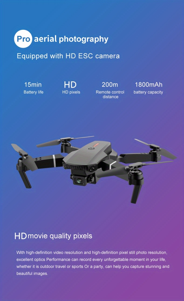 NT31731 Single HD Camera, Altitude Hold E88Pro Drone Quadcopter UAV for Adults - Black