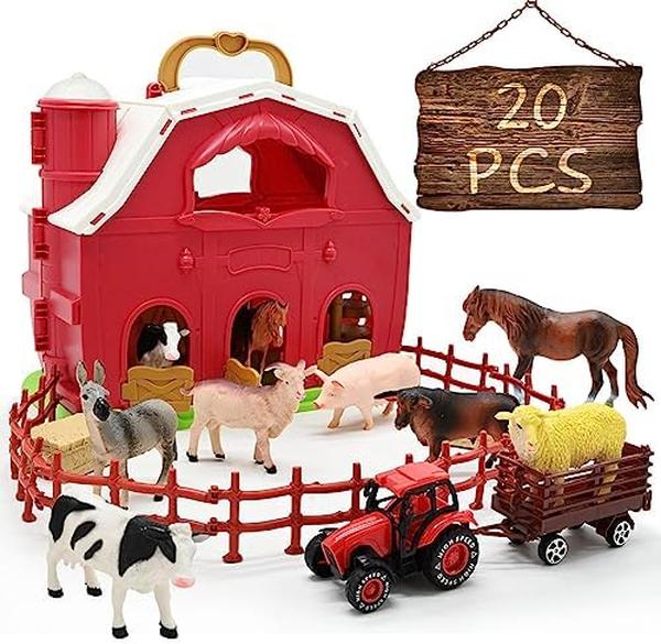 Picture of UNO1RC MC33201 Animals Red Barn Toys&#44; Farm Figurines & Fence Playset&#44; Farmer Vehicle Toy Truck Pretend Play Set for 3-10 Years Old Kids Boys Girls Toddlers - 20 Piece