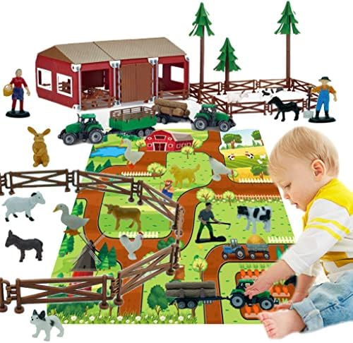 Picture of UNO1RC MC33084 Farm Playset Mini Barn Farm Toys Plastic Animals Figurines & Fence with Map Figures Farmer Vehicle Truck with Forestry Trailer f for Kids - 119 Piece