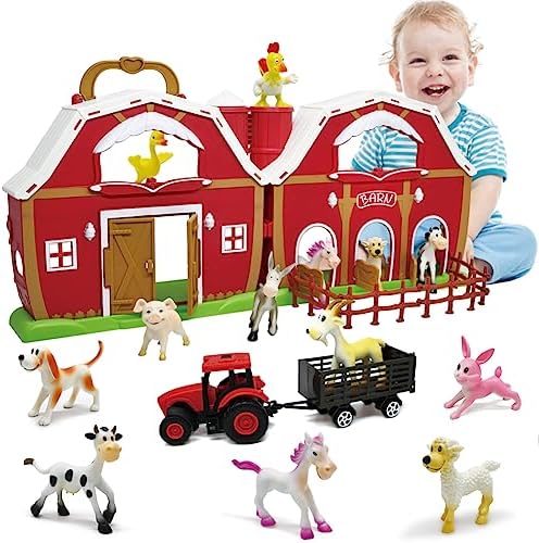 Picture of UNO1RC MC33094 Red Barn Farm Figures Animals Toys with Toddlers&#44; Cute Farm Figurines&#44; Fence & Farmer Vehicle Toy Truck Pretend Farm Playset for 3 Plus Years Old Kids