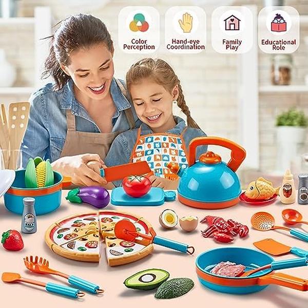 NM55968 Kids Kitchen Playset Accessories with Pots & Pans for Kids - 46 Piece