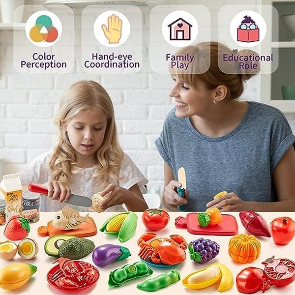 NM55973 Kitchen Cutting Toy Food with Storage Bag for Kids - 78Pc